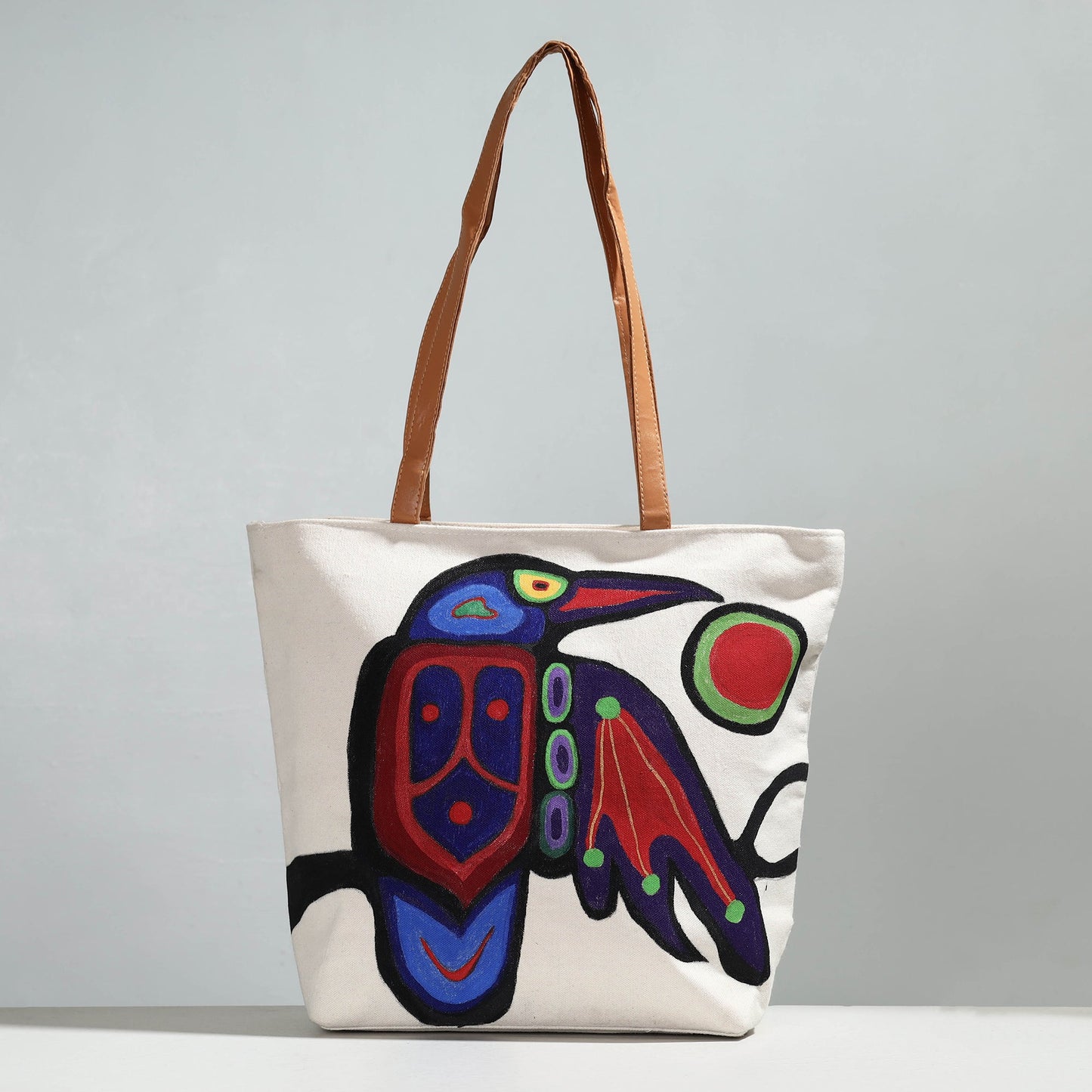 Beige Raven Bird Canvas Cotton Handpainted Shoulder Bag