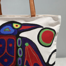 Beige Raven Bird Canvas Cotton Handpainted Shoulder Bag