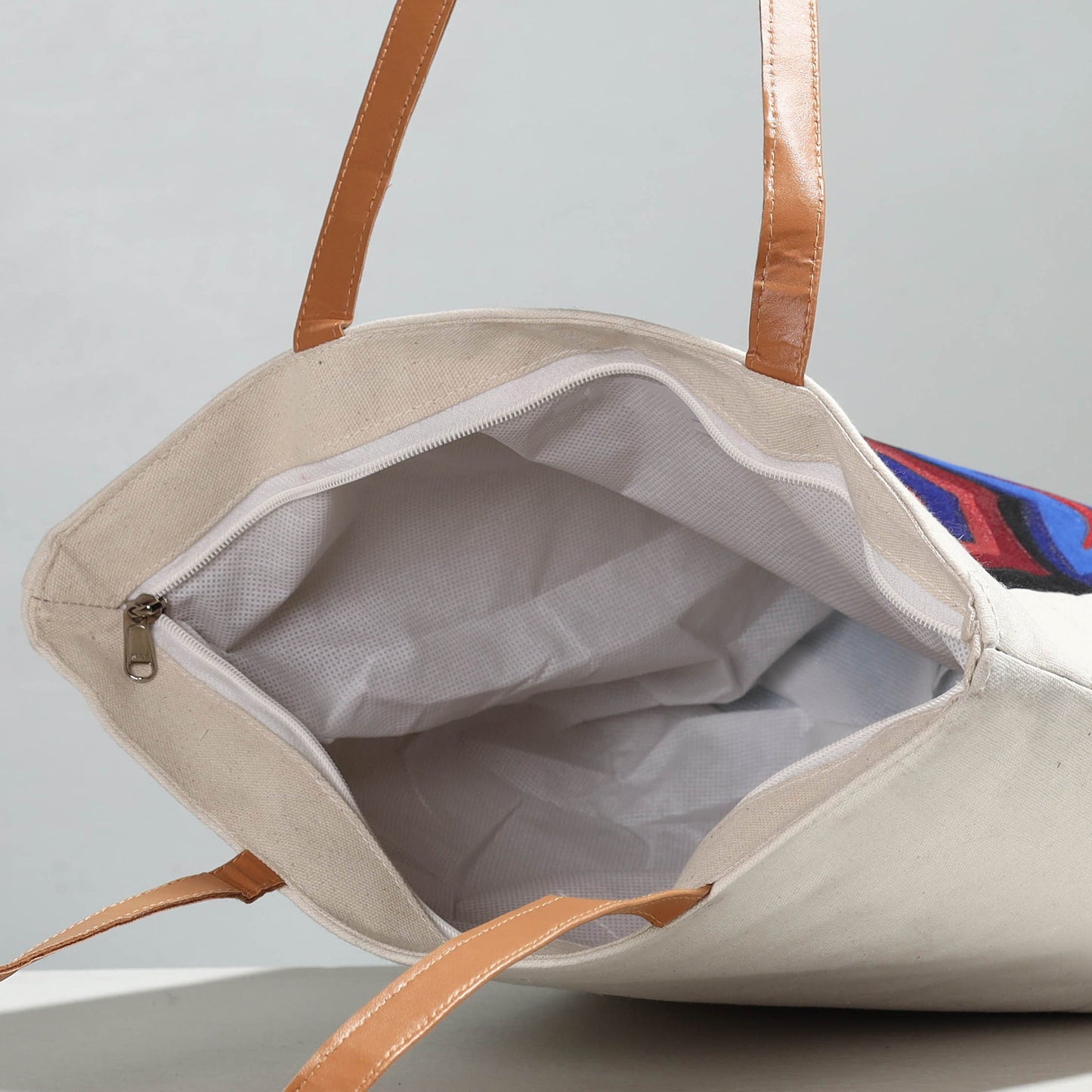 Beige Raven Bird Canvas Cotton Handpainted Shoulder Bag