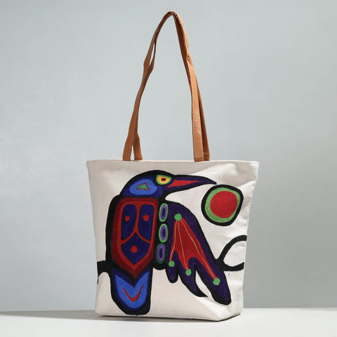 Beige Raven Bird Canvas Cotton Handpainted Shoulder Bag