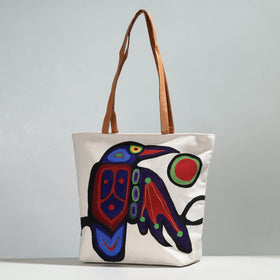 Beige Raven Bird Canvas Cotton Handpainted Shoulder Bag