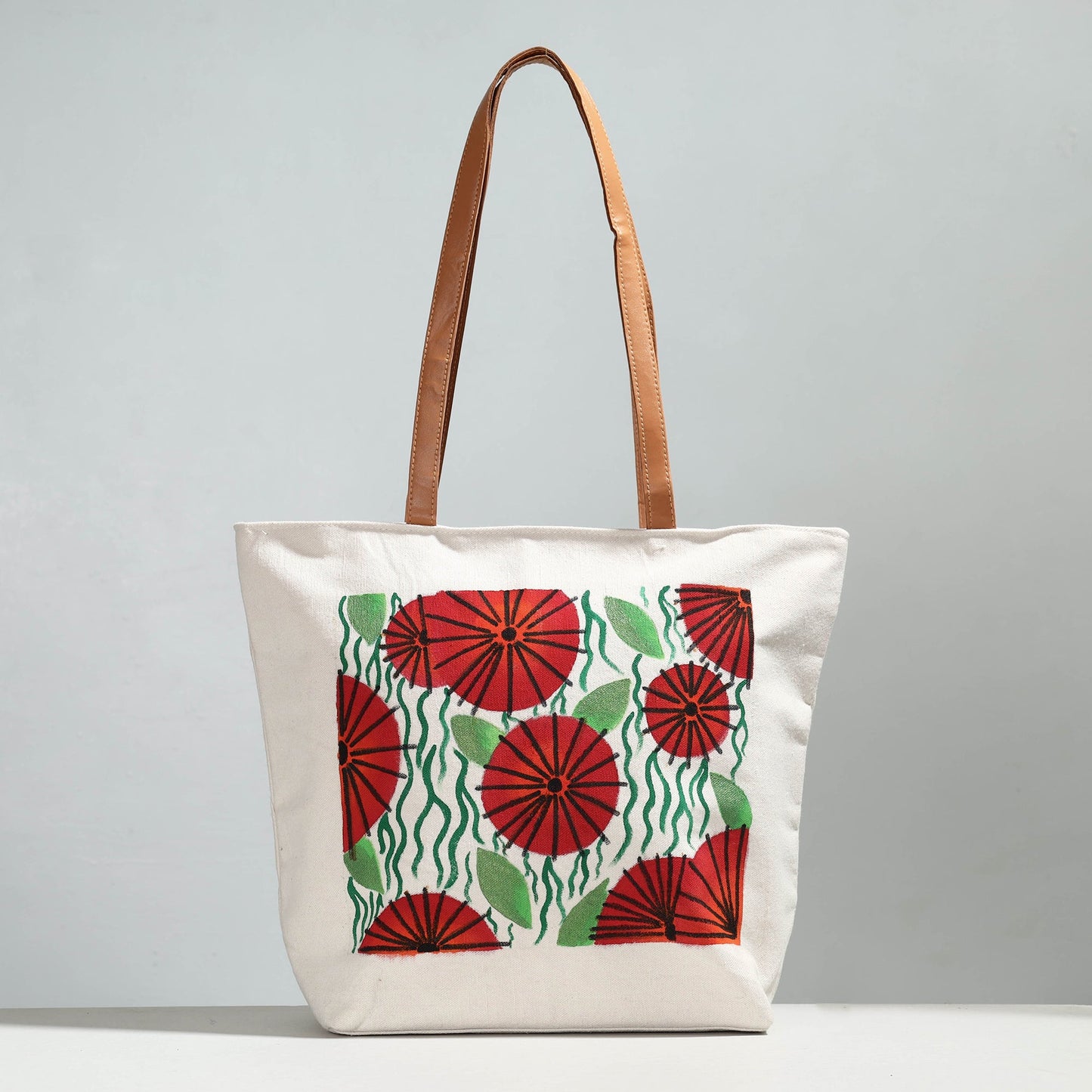 Beige - Red Flower & Green Foliage - Handpainted Canvas Cotton Shoulder Bag
