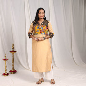 Beige Ruhi Slub Silk Straight Plain Kurta with Patchwork for Women