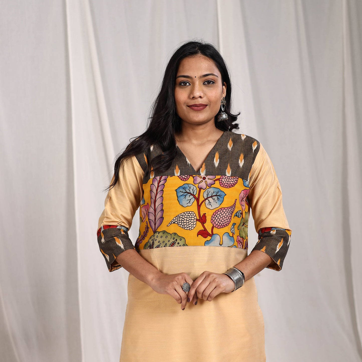 Beige Ruhi Slub Silk Straight Plain Kurta with Patchwork for Women