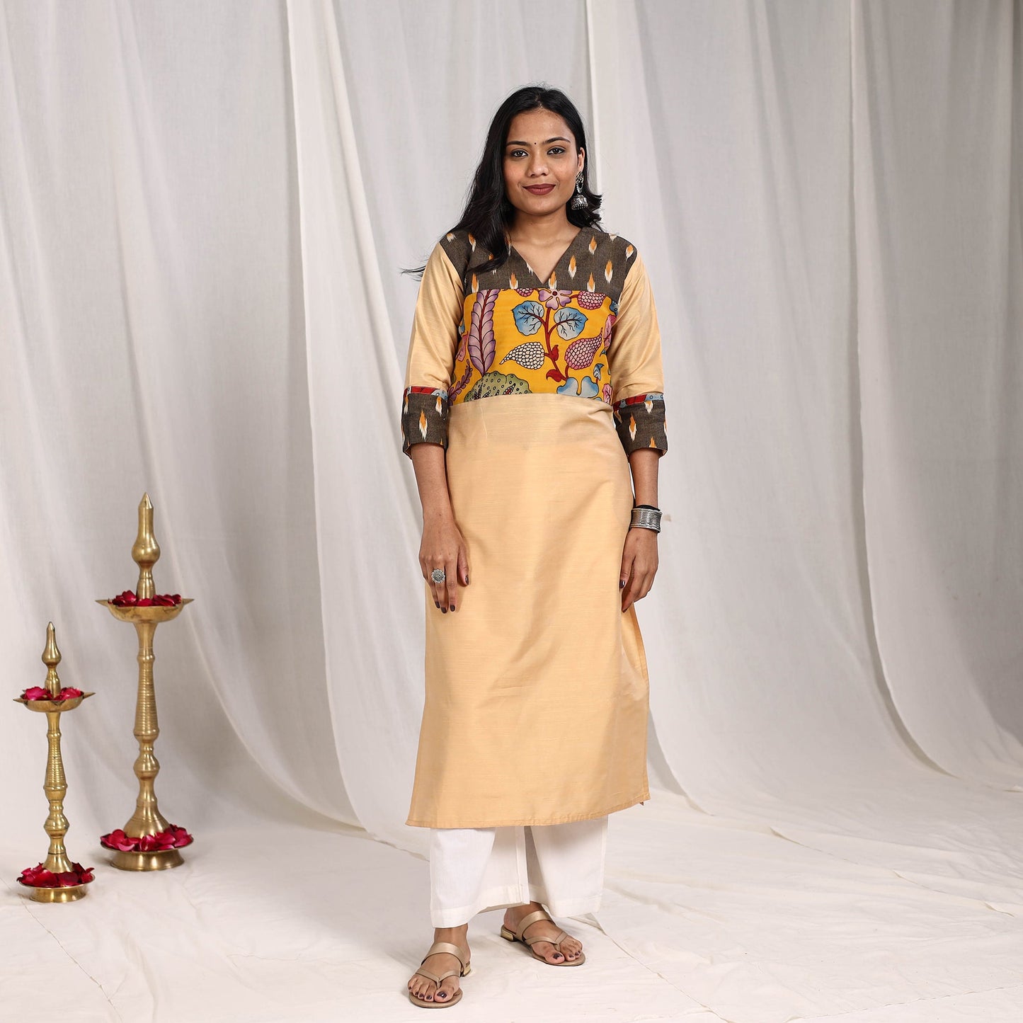 Beige Ruhi Slub Silk Straight Plain Kurta with Patchwork for Women