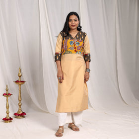 Beige Ruhi Slub Silk Straight Plain Kurta with Patchwork for Women