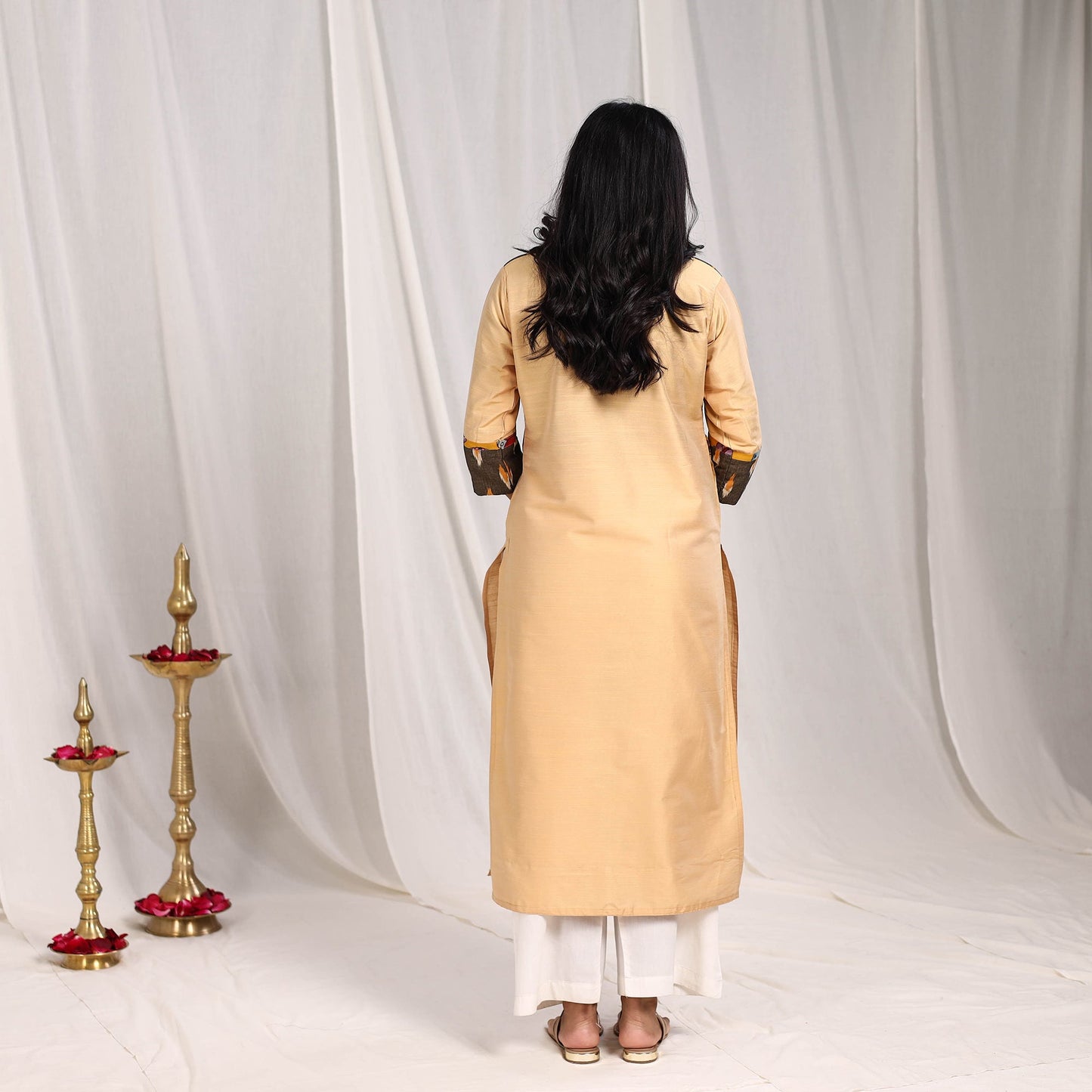 Beige Ruhi Slub Silk Straight Plain Kurta with Patchwork for Women