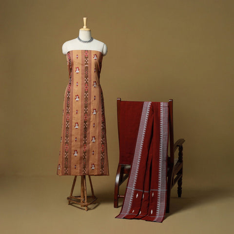 Beige - sambalpuri ikat handloom cotton 3pc unstitched