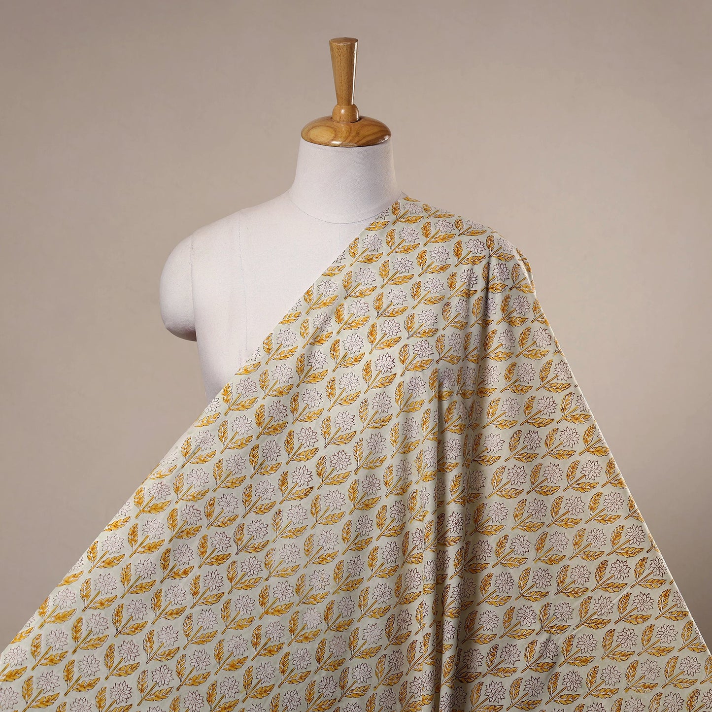 Beige Sanganeri Block Print Cotton Fabric