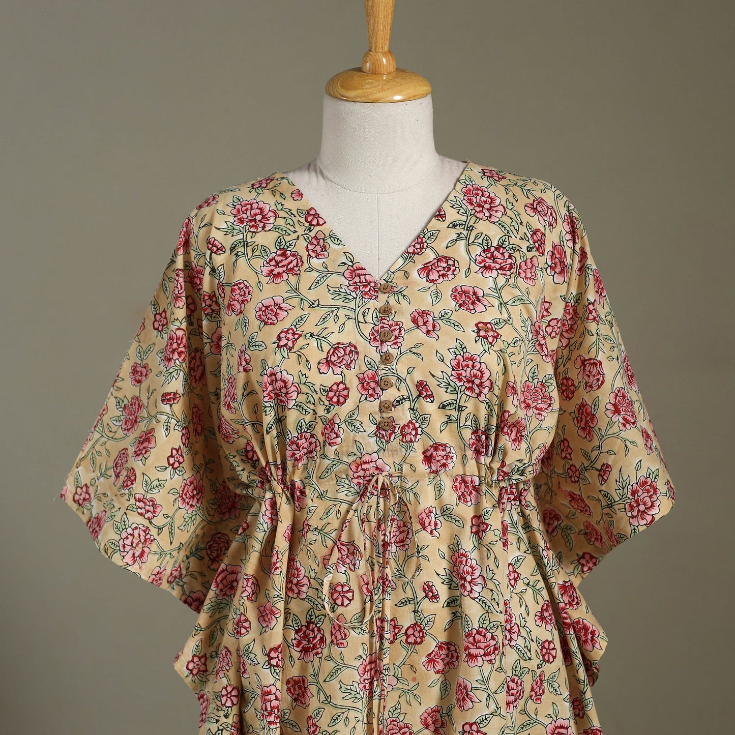 Beige Sanganeri Block Print Cotton Kaftan (Medium) 