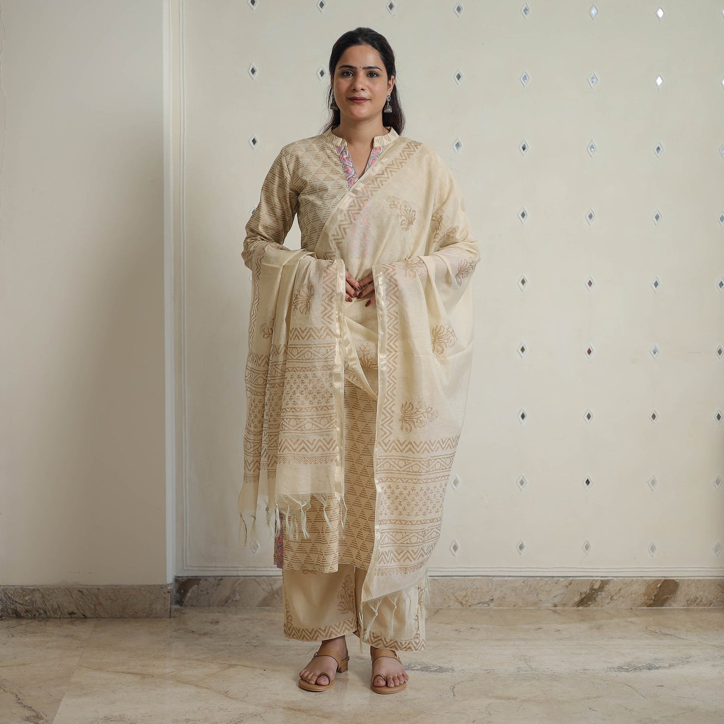 Beige - sanganeri cotton kurta suit set 12 - handcrafted