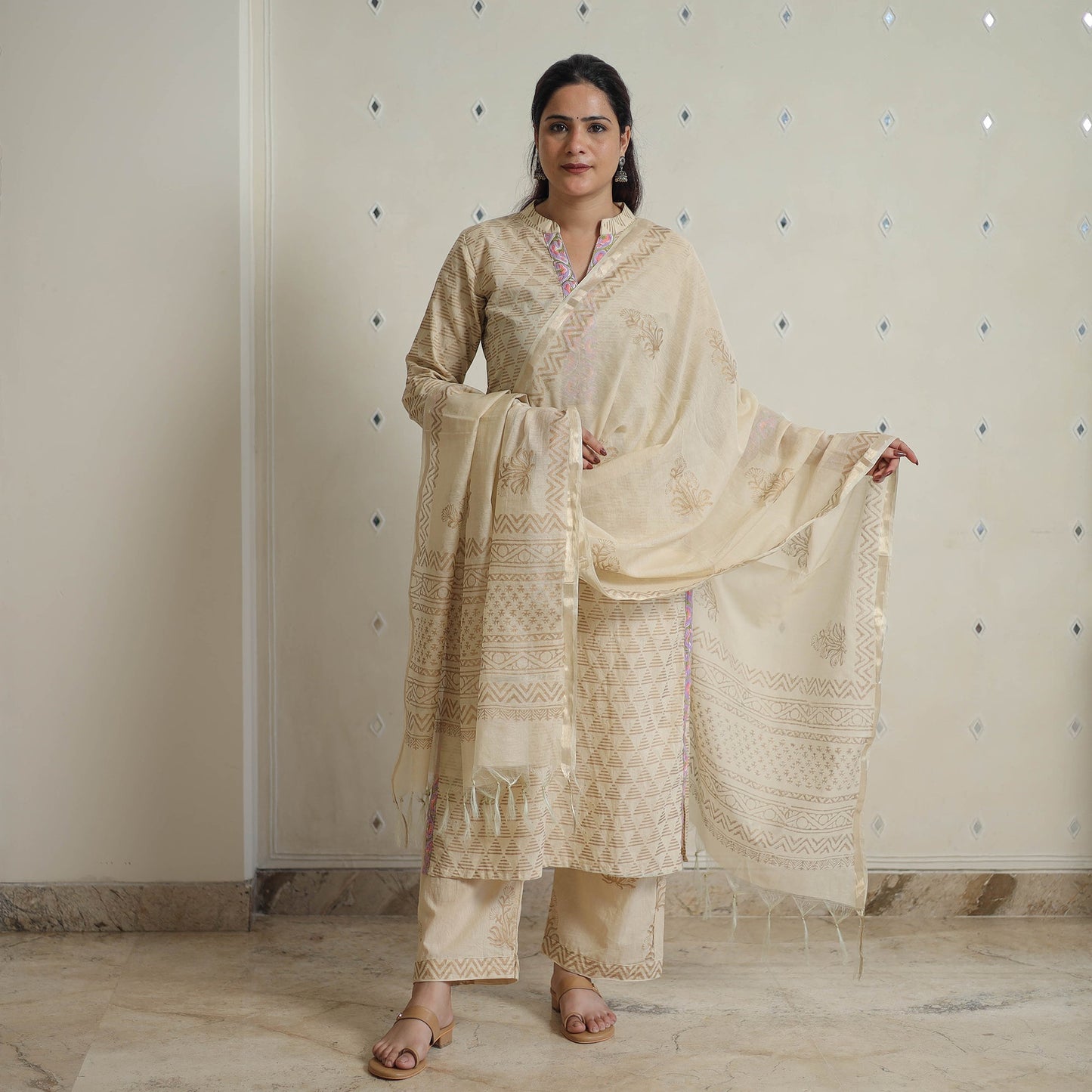 Beige - sanganeri cotton kurta suit set 12 - handcrafted