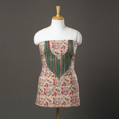 Beige - sanganeri cotton patchwork unstitched kurta