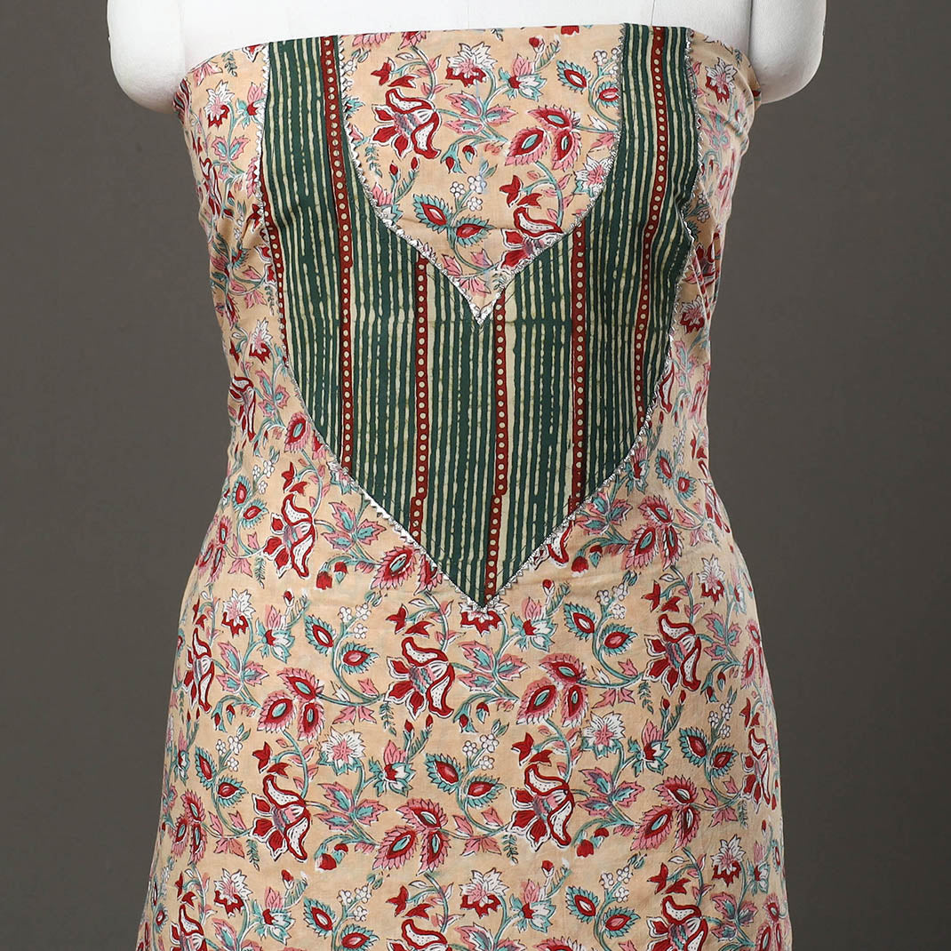 Beige - sanganeri cotton patchwork unstitched kurta