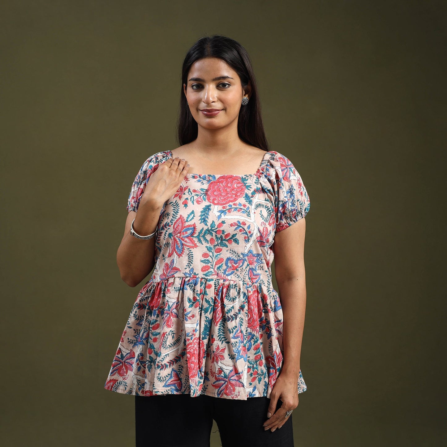 Buy Beige Sanganeri Block Print Cotton Top