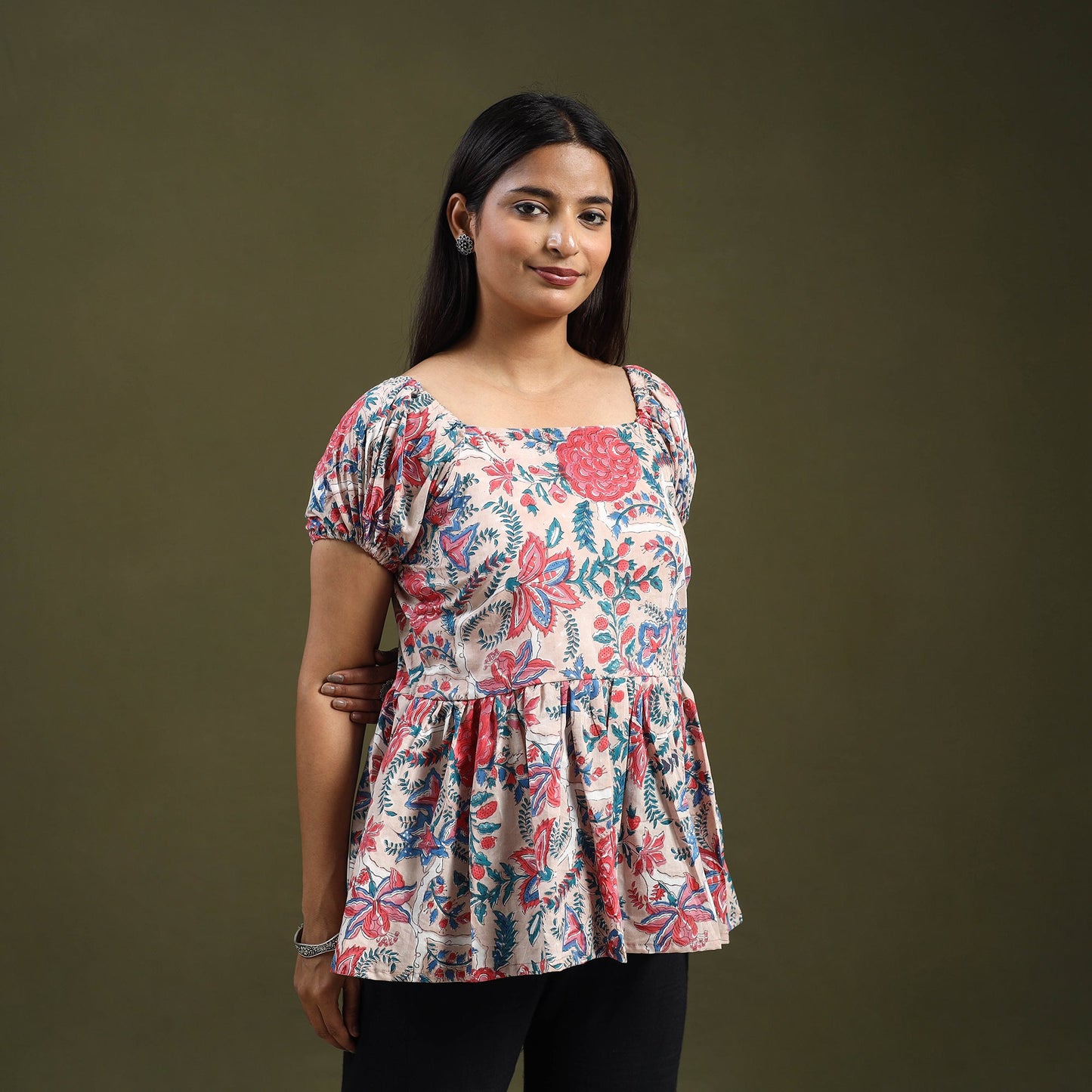 Buy Beige Sanganeri Block Print Cotton Top