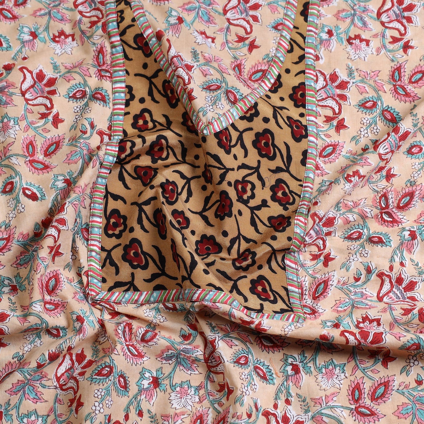 Beige - sanganeri patchwork unstitched kurta material (3m)