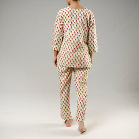 Beige - sanganeri printed cotton night suit - handcrafted