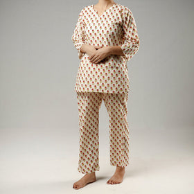 Beige - sanganeri printed cotton night suit - handcrafted