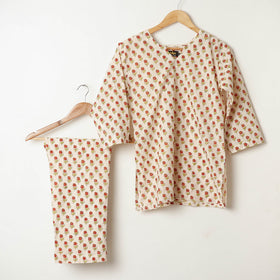 Beige - sanganeri printed cotton night suit - handcrafted