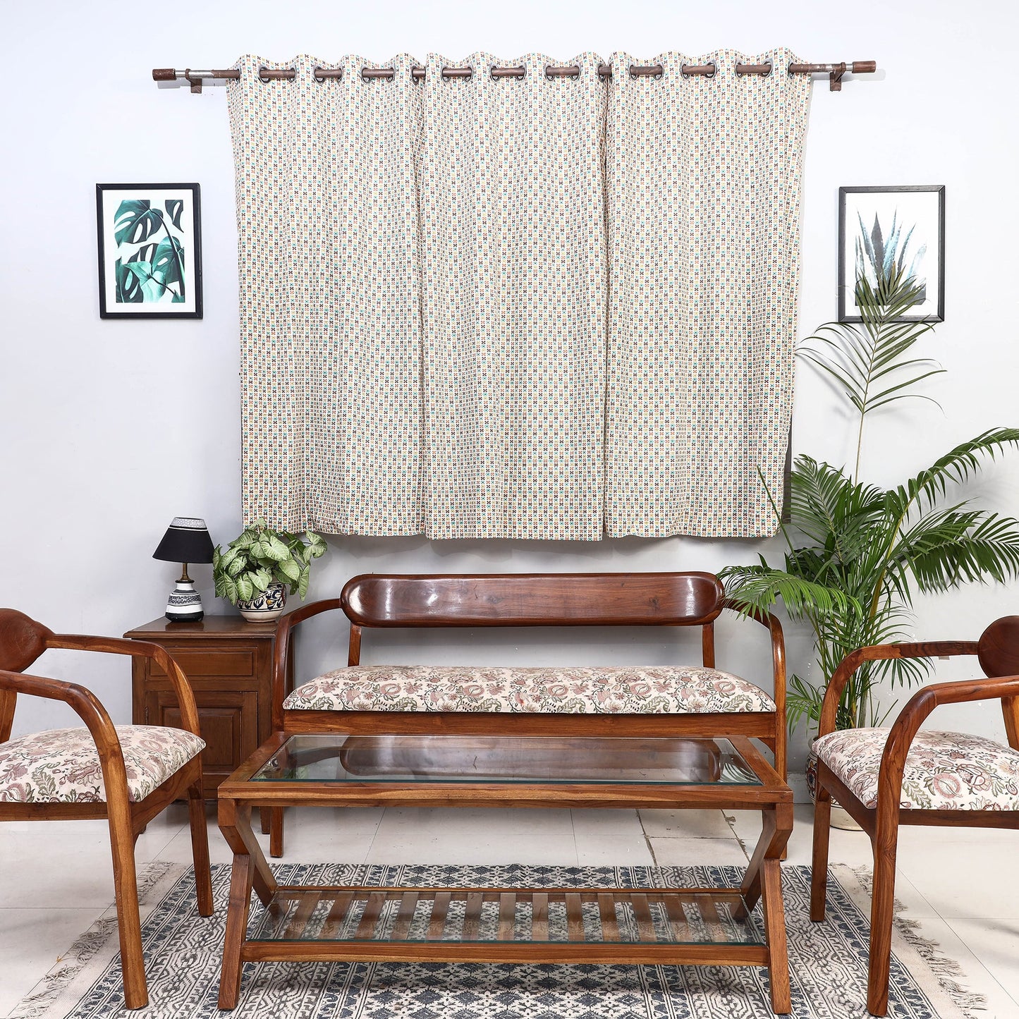 Beige - sanganeri printed cotton window curtain (5 x 3