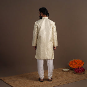 Beige Semi Silk Brocade Banarasi Men Kurta