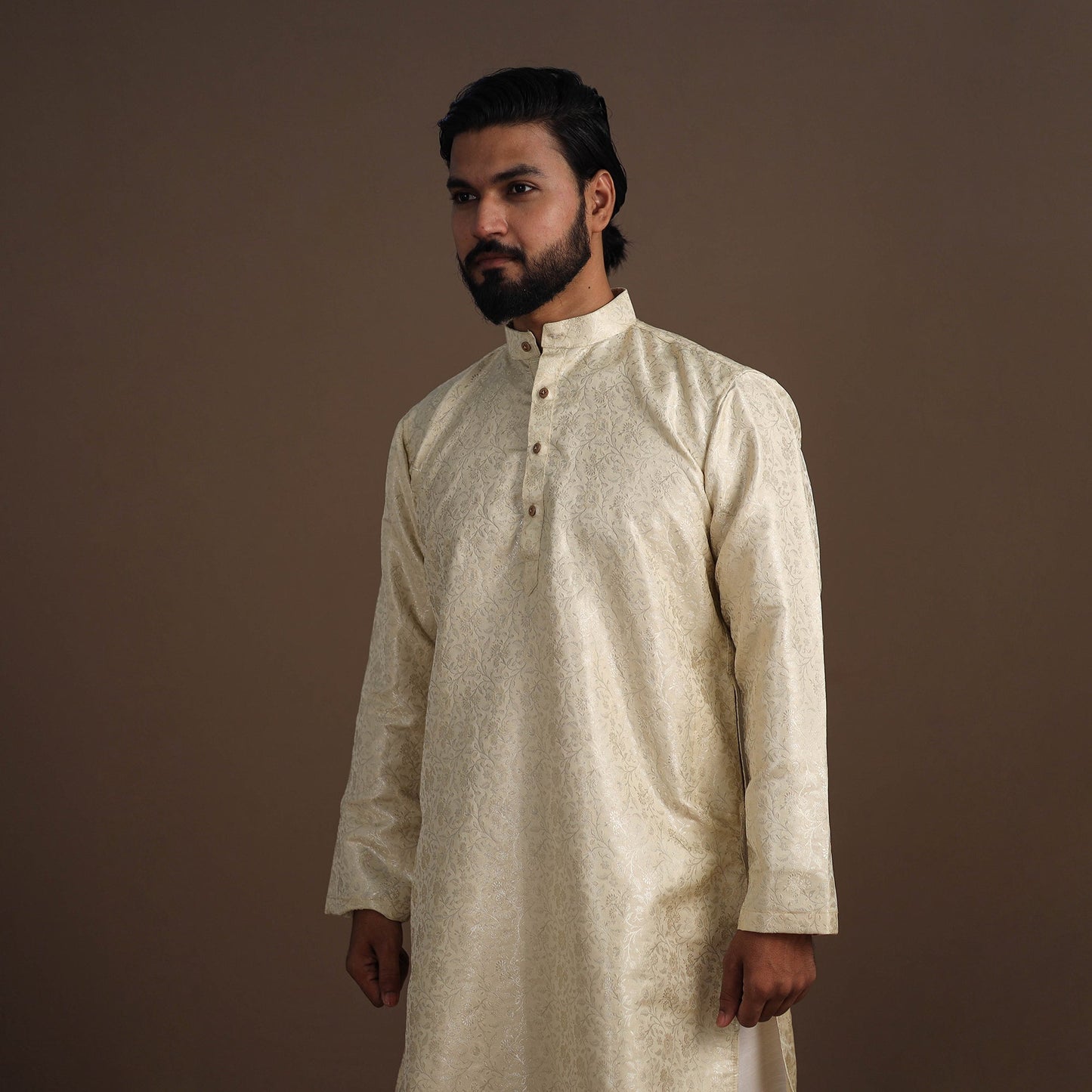 Beige Semi Silk Brocade Banarasi Men Kurta