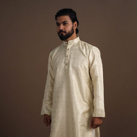 Beige Semi Silk Brocade Banarasi Men Kurta