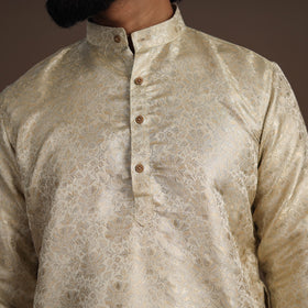 Beige Semi Silk Brocade Banarasi Men Kurta