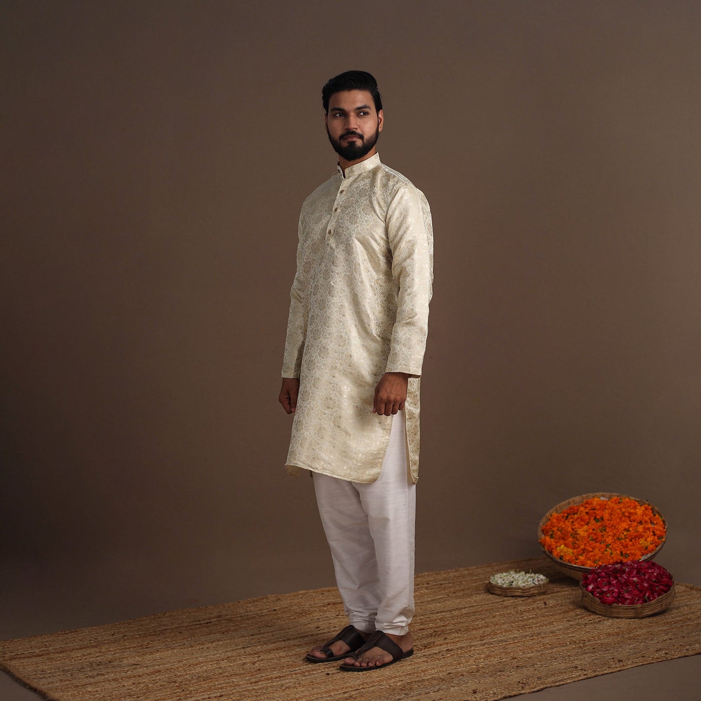 Beige Semi Silk Brocade Banarasi Men Kurta