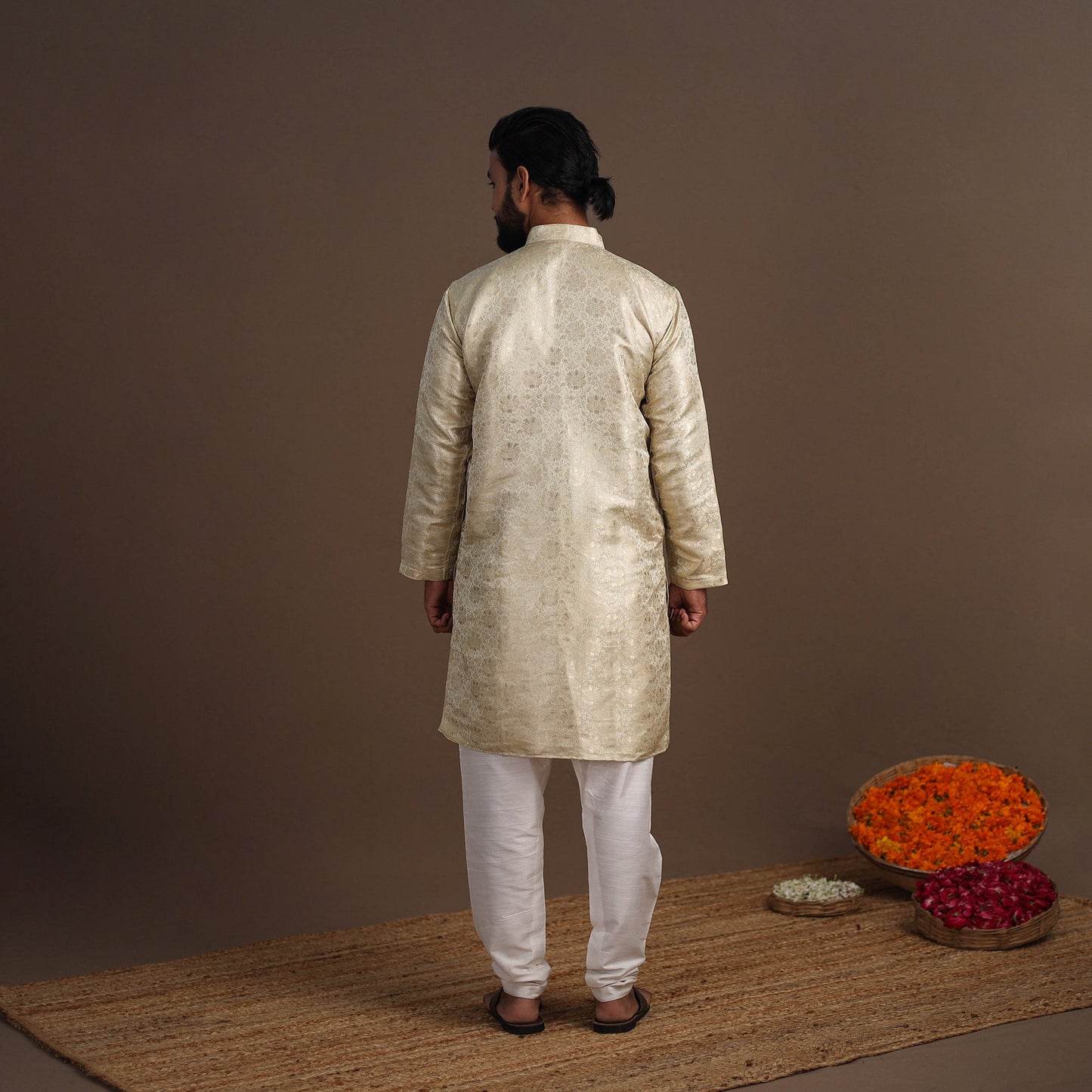 Beige Semi Silk Brocade Banarasi Men Kurta
