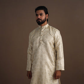 Beige Semi Silk Brocade Banarasi Men Kurta
