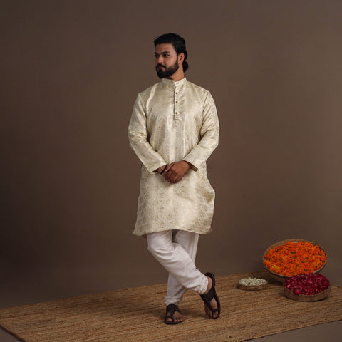Beige Semi Silk Brocade Banarasi Men Kurta