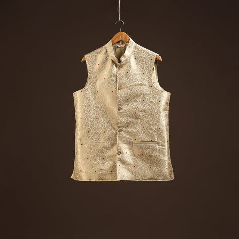 Beige - semi silk meena buti brocade banarasi men nehru