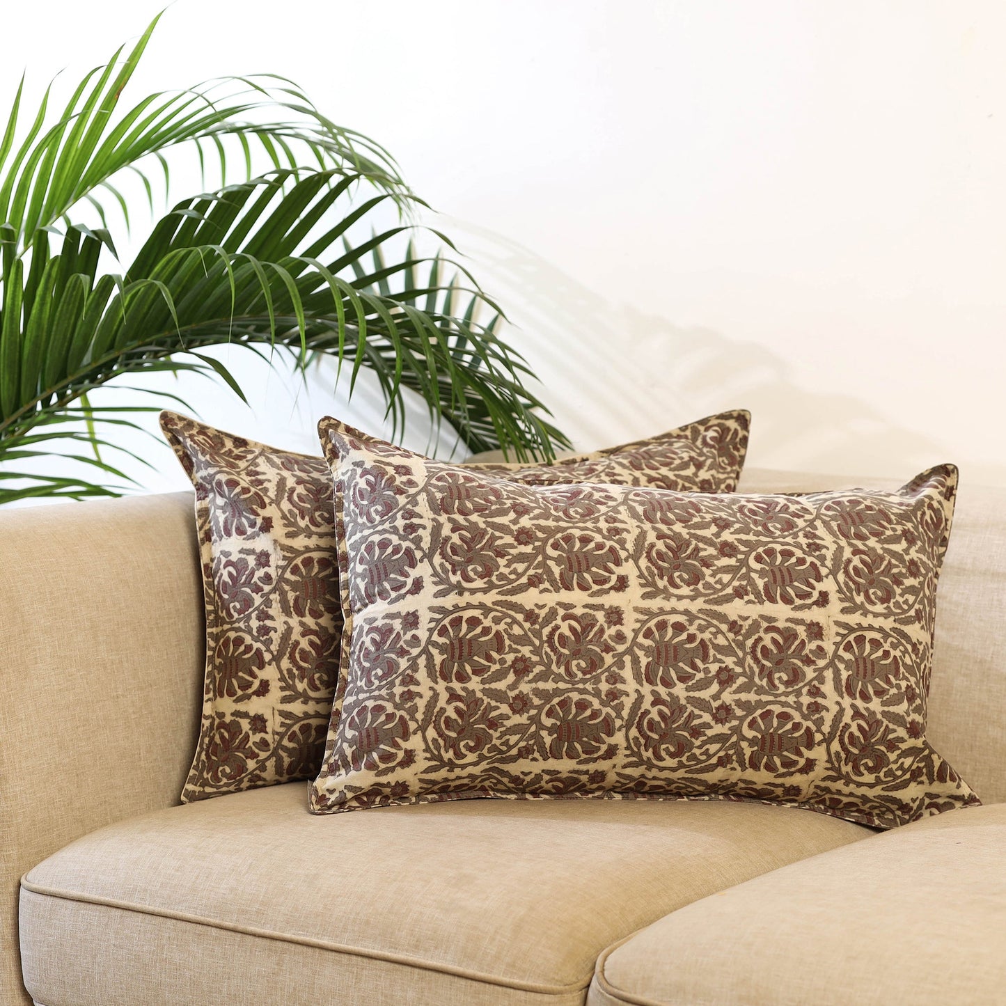 Buy Set of 2 Beige Bagru Block Print Cotton Pillow Covers