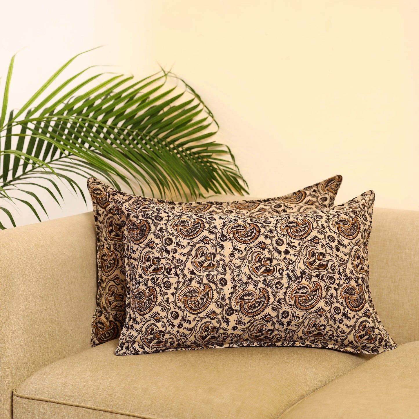 Buy Set of 2 Beige Kalamkari Block Print Cotton Pillow Covers