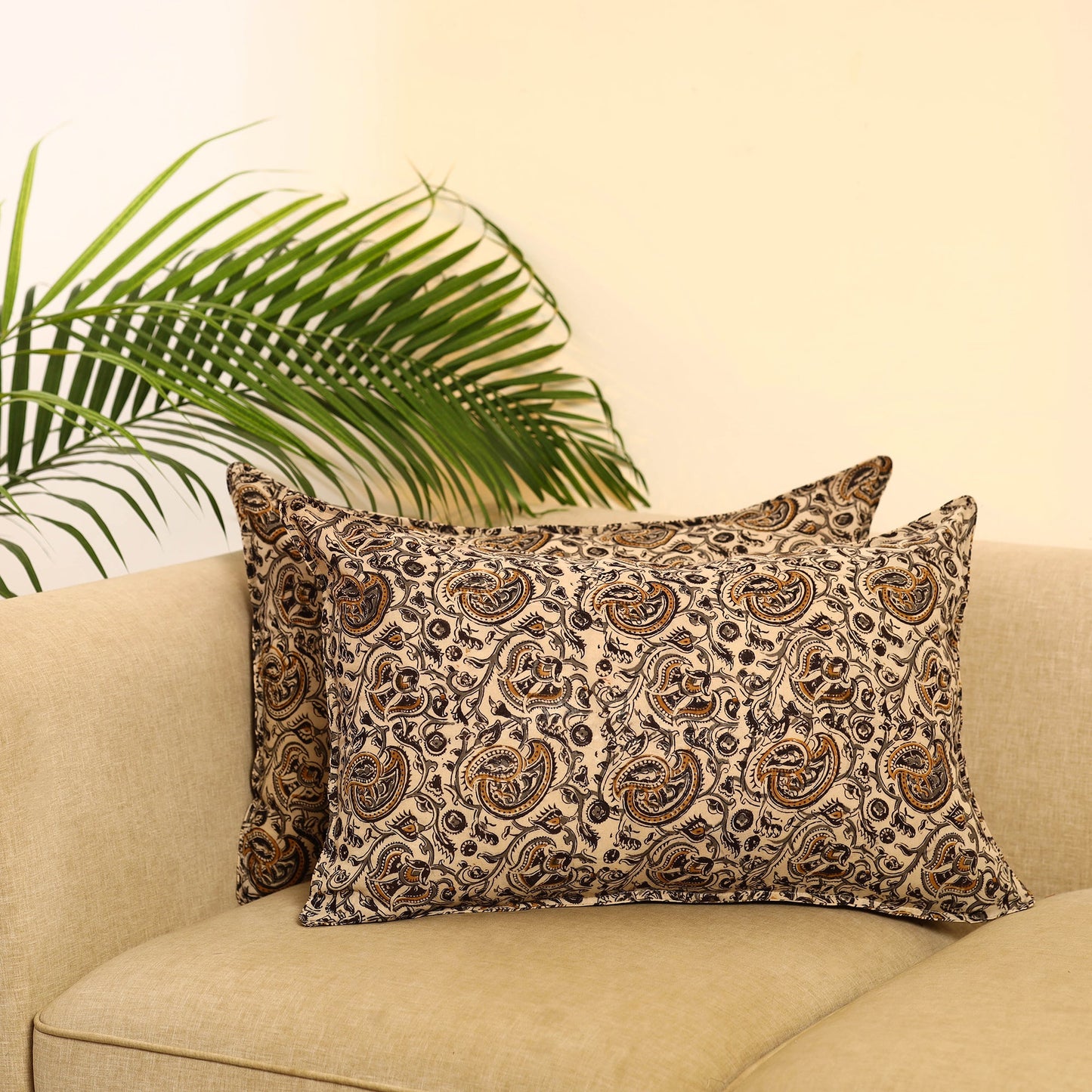 Buy Set of 2 Beige Kalamkari Block Print Cotton Pillow Covers