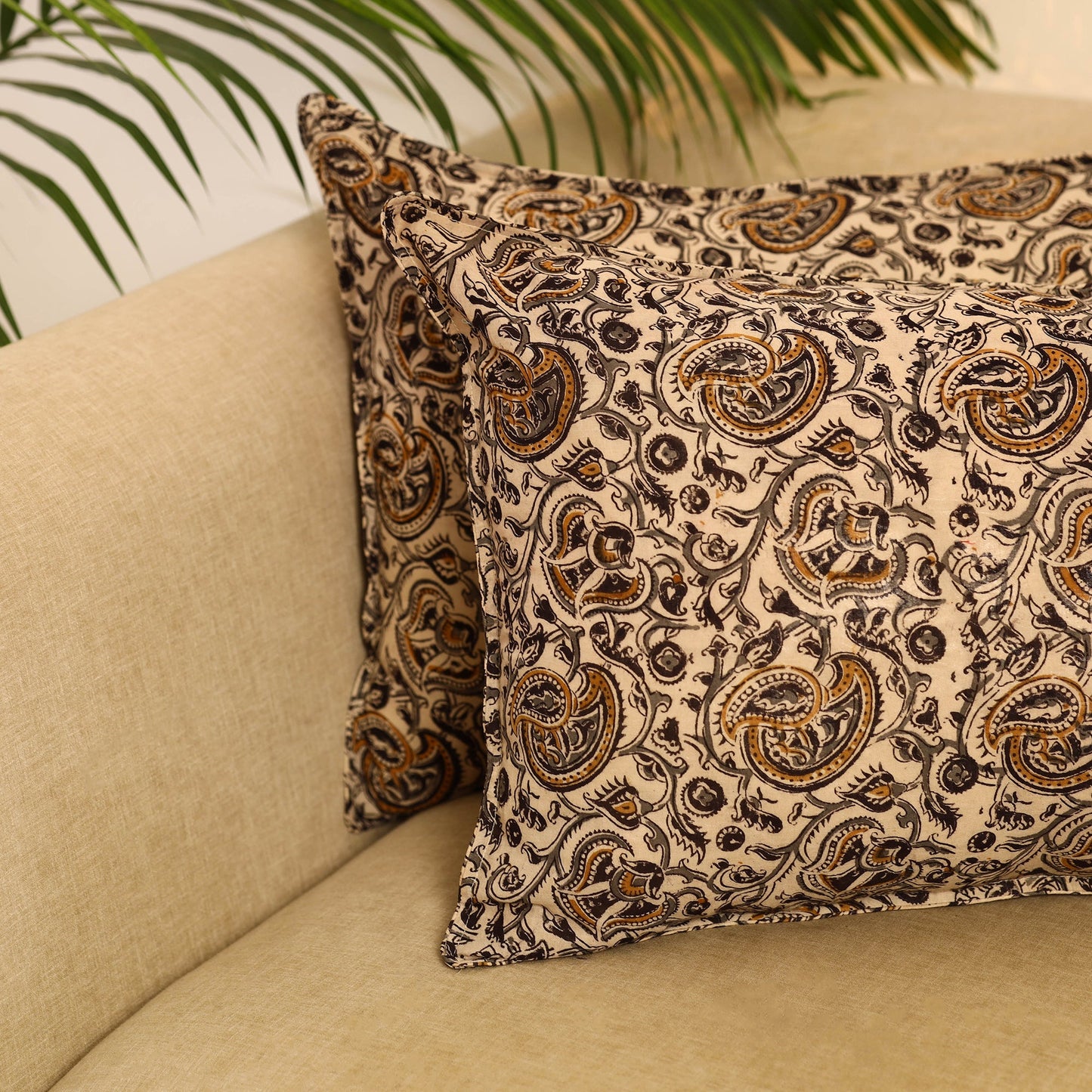 Buy Set of 2 Beige Kalamkari Block Print Cotton Pillow Covers