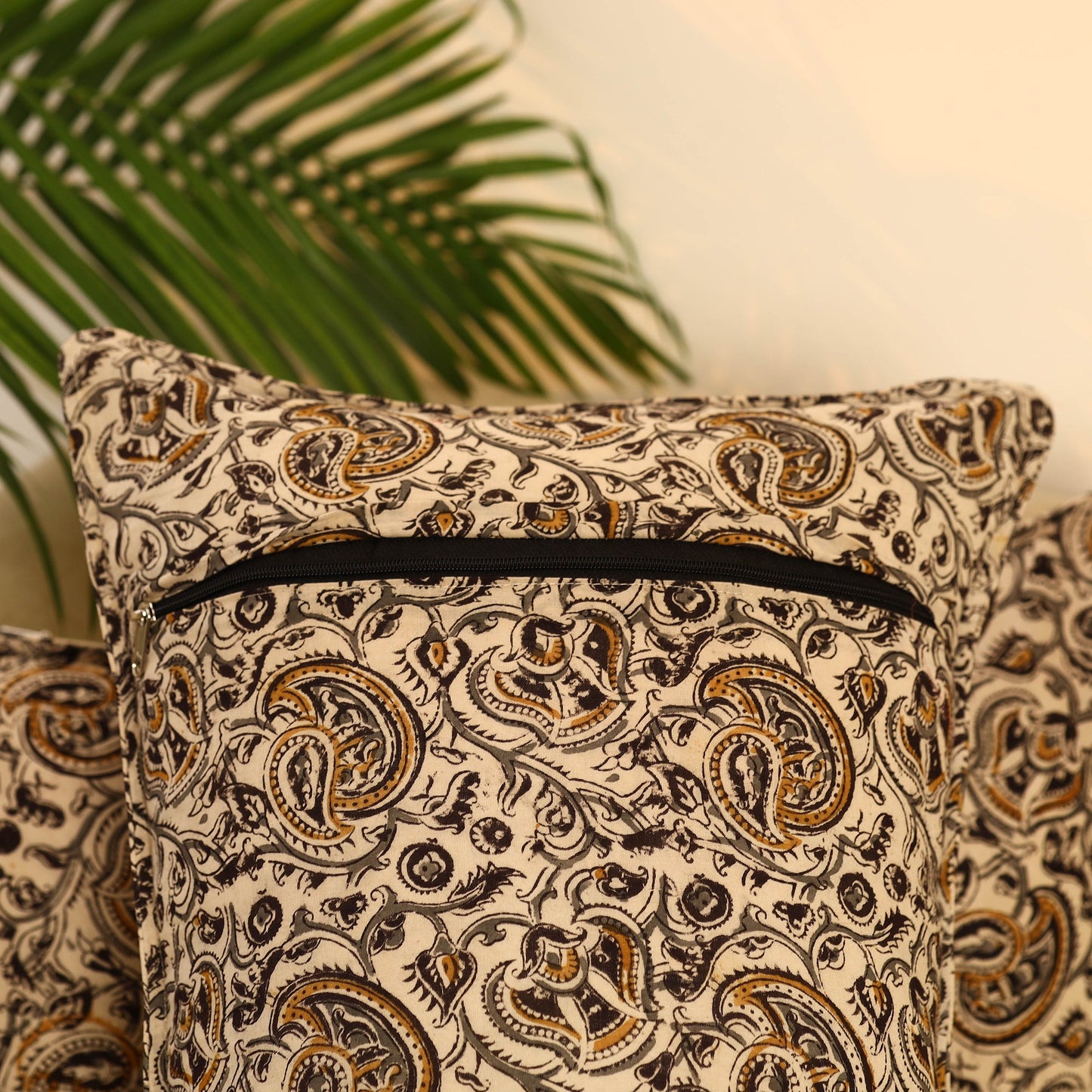 Buy Set of 2 Beige Kalamkari Block Print Cotton Pillow Covers