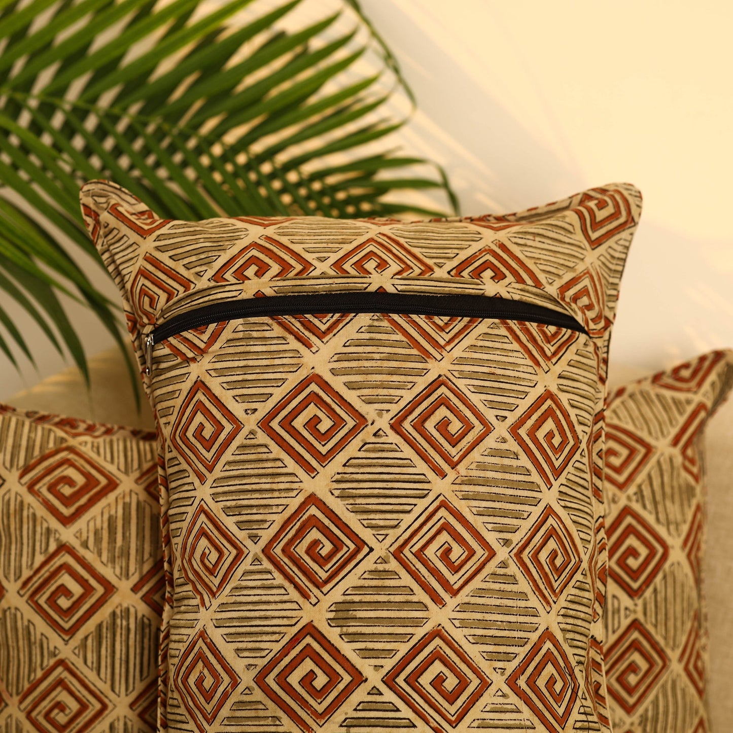 Buy Set of 2 Beige Kalamkari Block Print Cotton Pillow Covers