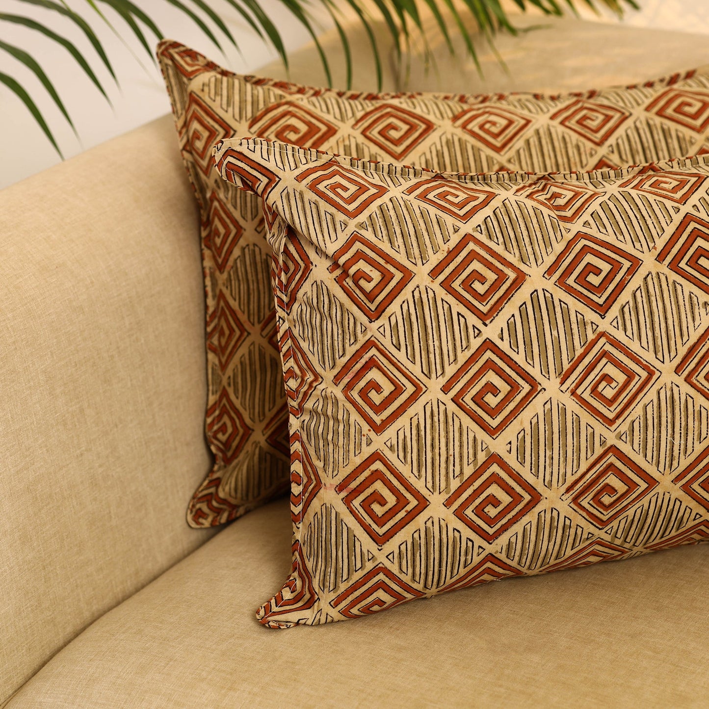 Buy Set of 2 Beige Kalamkari Block Print Cotton Pillow Covers