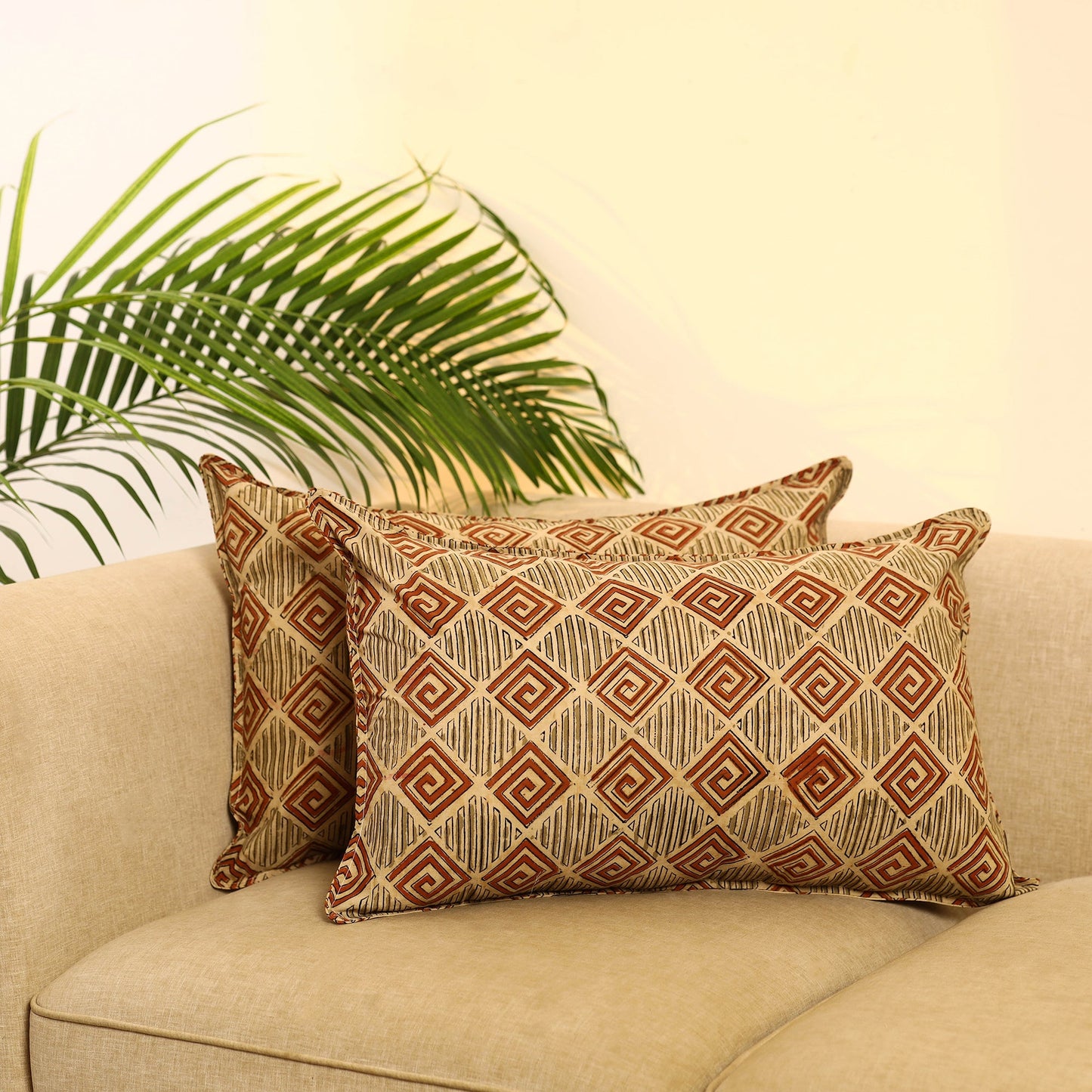 Buy Set of 2 Beige Kalamkari Block Print Cotton Pillow Covers