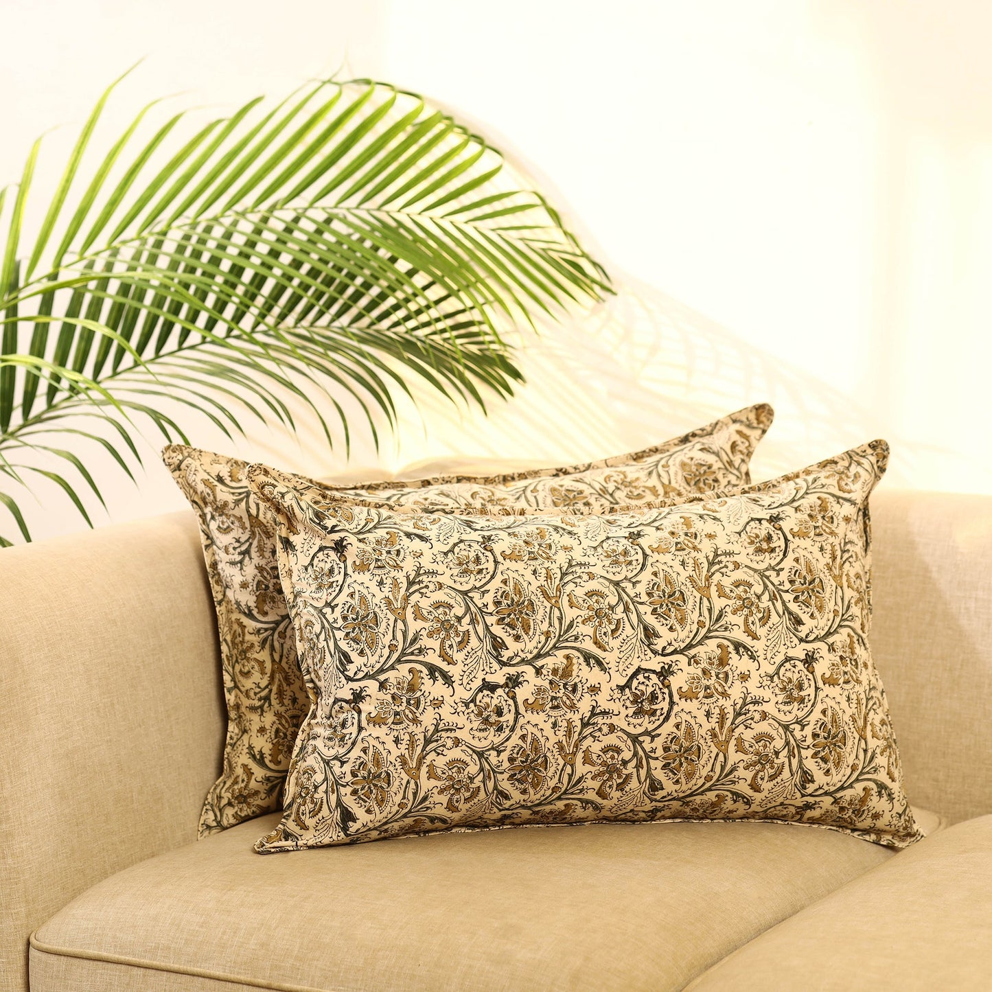 Buy Set of 2 Beige Kalamkari Block Print Cotton Pillow Covers