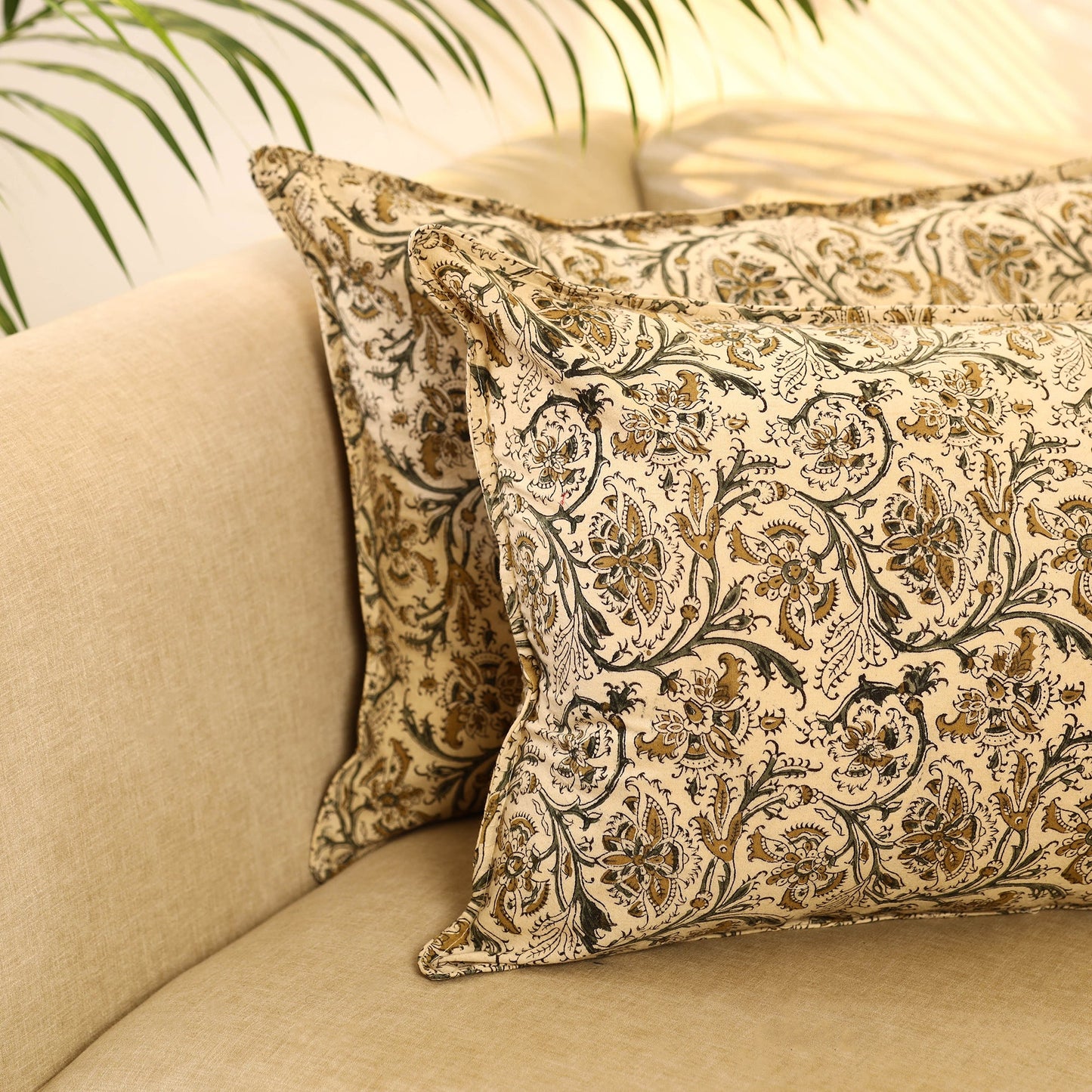 Buy Set of 2 Beige Kalamkari Block Print Cotton Pillow Covers