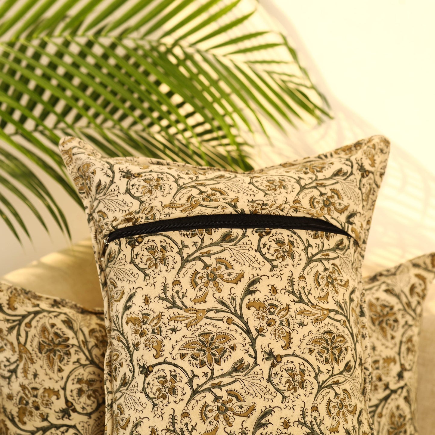 Buy Set of 2 Beige Kalamkari Block Print Cotton Pillow Covers