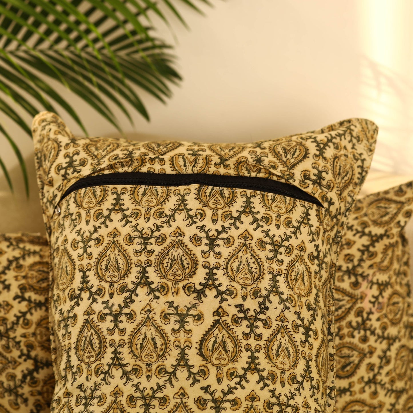 Buy Set of 2 Beige Kalamkari Block Print Cotton Pillow Covers