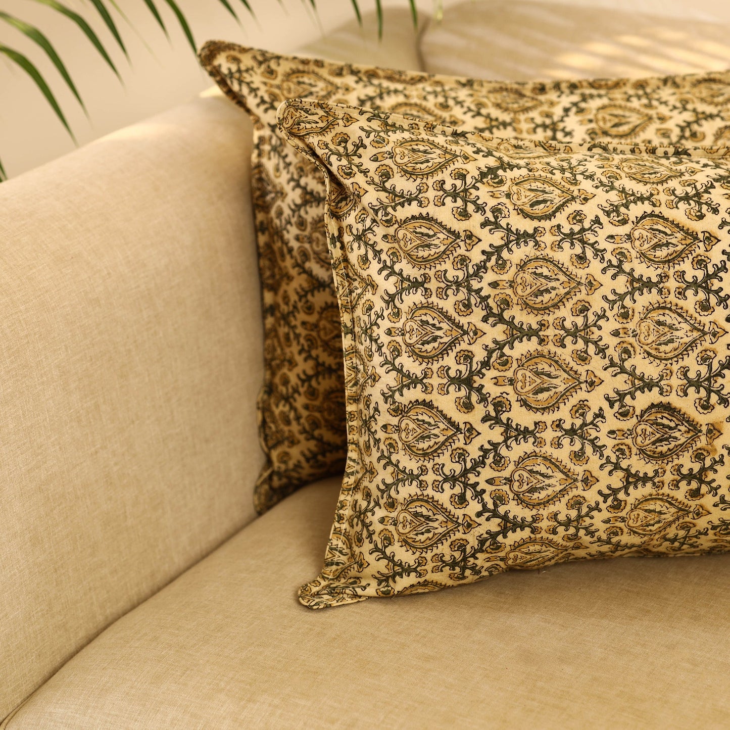 Buy Set of 2 Beige Kalamkari Block Print Cotton Pillow Covers
