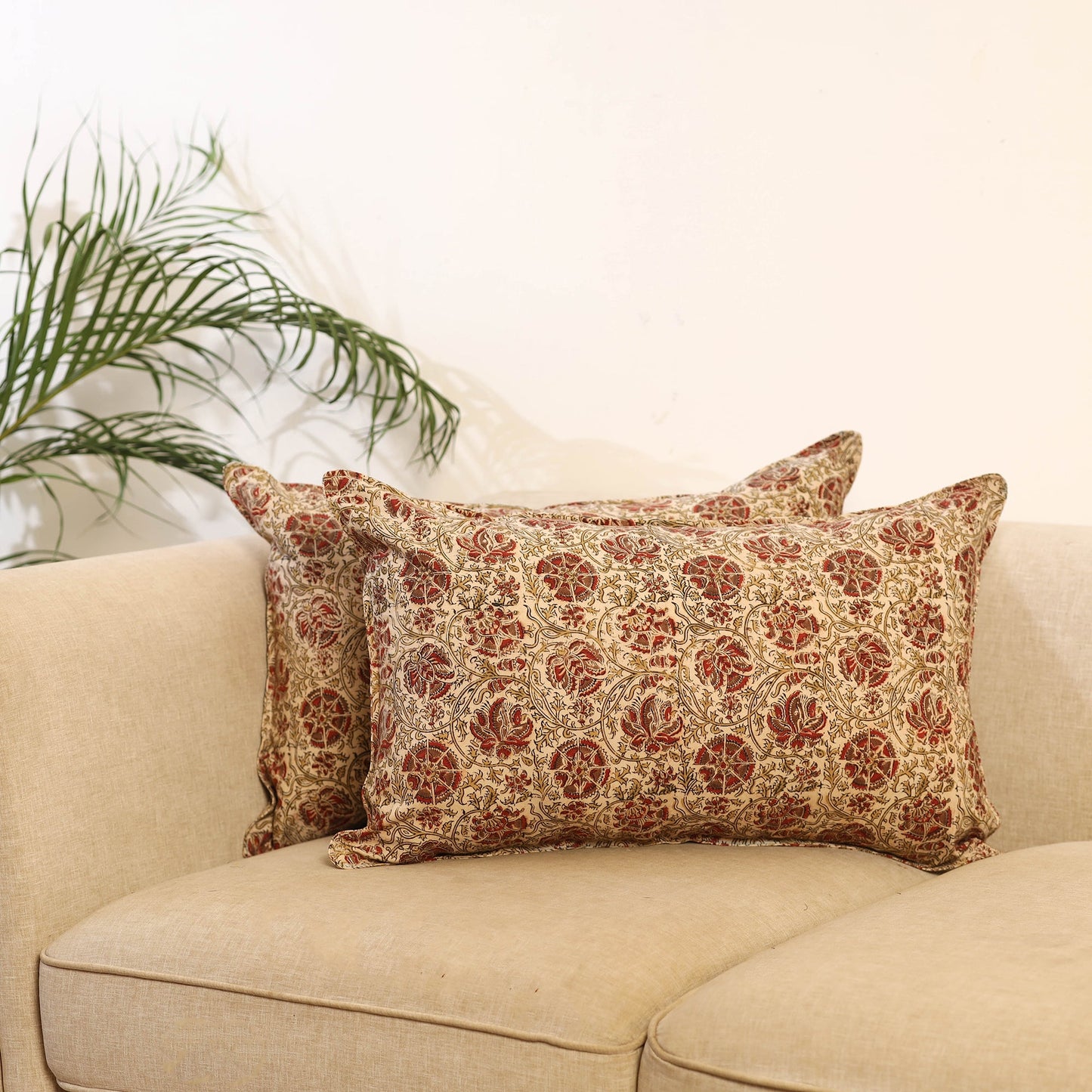 Buy Set of 2 Beige Kalamkari Block Print Cotton Pillow Covers