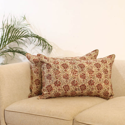 Buy Set of 2 Beige Kalamkari Block Print Cotton Pillow Covers