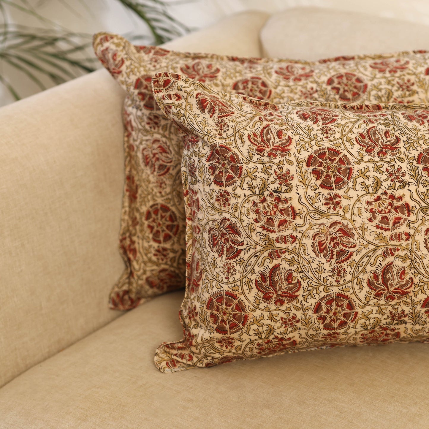 Buy Set of 2 Beige Kalamkari Block Print Cotton Pillow Covers